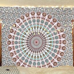 Bless International Indian hippie Bohemian Psychedelic Peacock Mandala Wall hanging Bedding Tapestry (Floral Gold, 264.16L X 223.52W cm)