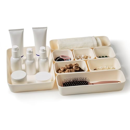 ISSEVE 8Pcs Silicone Drawer Organizer Trays for Bathroom, 4 Sizes, White - Nesting Organizer Trays, For Vanity, Desk, Nightstand, Makeup, Jewelry, Toiletries, and Office Small Items, Drawer Organizer