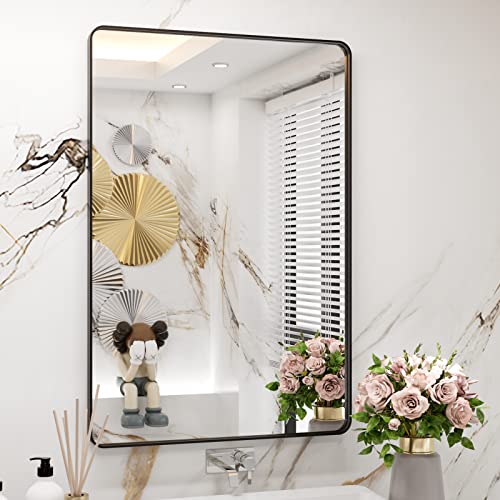 WEER Black Framed 24x36 Inch Rectangular Bathroom Mirror, Matte Black, Wall Mounted, Modern Style, Shatterproof Tempered Glass, Easy To Install