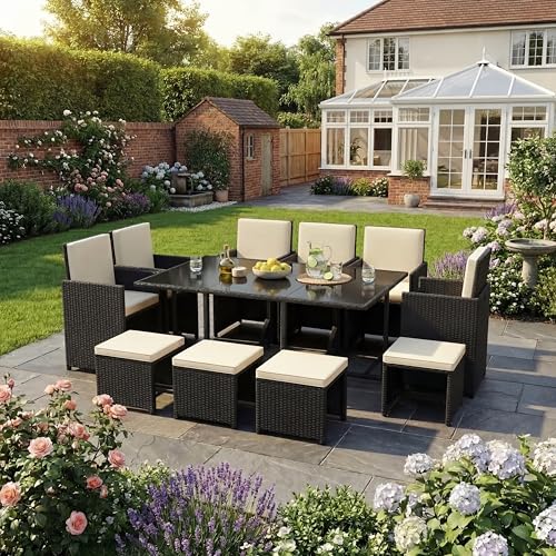 Garden Vida Cuba 10 Seater Rattan Set - Black - Complete Outdoor Garden Patio Dining Table Set - Steel Frame & PE Wicker - UKFR Certified - Weather Resistant, Tempered Glass, With Cushions