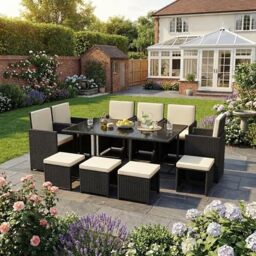 Garden Vida Cuba 10 Seater Rattan Set - Black - Complete Outdoor Garden Patio Dining Table Set - Steel Frame & PE Wicker - UKFR Certified - Weather Resistant, Tempered Glass, With Cushions
