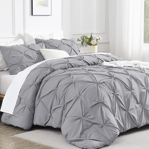 Andency Silver Gray Queen Comforter Set (90x90Inch), 3 Pieces Western Modern Pinch Pleat Bedding Comforters &Sets, All Season Soft Lightweight Down Alternative Bed Set for Boys Men Adults