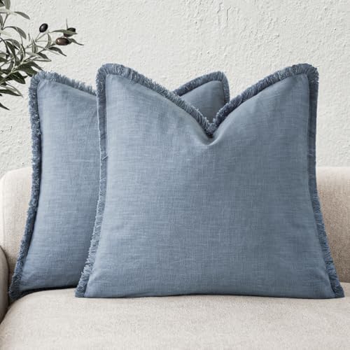 Foindtower Set of 2 Decorative Linen Fringe Throw Pillow Covers Cozy Boho Farmhouse Cushion Cover with Tassels Soft Accent Pillowcase for Couch Sofa Bed Living Room Home Decor, 18??18 Inch, Misty Blue