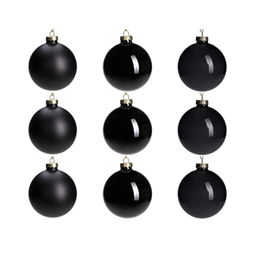 DN DECONATION Set of 9 Black Glass Christmas Baubles Hanging Matt Shiny or Clear Effect for Christmas Tree Decoration Christmas Gothic Halloween Crafts 8cm