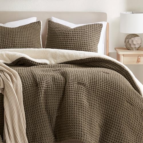Madison Park Queen Comforter Set Cotton Chenille Waffle Comforters Queen Size Bed, All Season Down Alternative Sherpa Bedding Queen Size Comforter, Riordan, Full/Queen Brown 3 Piece