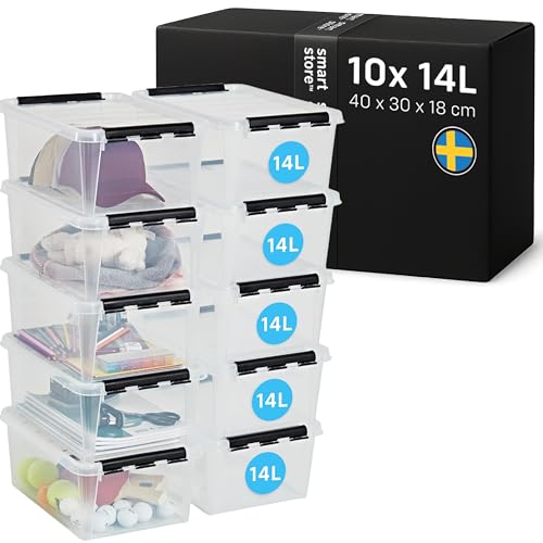 SmartStore Storage Boxes with Lids - 10x 14L box - 40x30x18cm, black clips - Stackable plastic storage box with lid for shoe, toy & craft storage - clear food-safe plastic boxes - storage containers