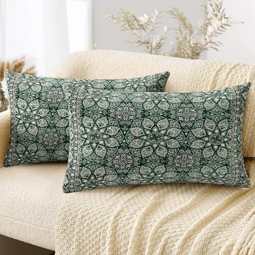 ZSYTZL Boho Throw Pillow Covers 12x20 inch Set of 2,Soft Pillowcases Bohemia Carpet Pattern Decorative Sofa Living Room Bed Square Pillow Case Cushion Cover-Green Flower