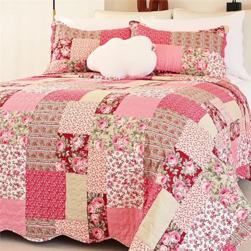 Cmfshape Summer Floral Oversize King Bedspread,Romantic Pink Quilt Set King,Reversible Stitched Bedding Set All Season,Soft Lightweight Coverlet with Pillow Cases (Hot Pink&Rose, Super King114 x102)