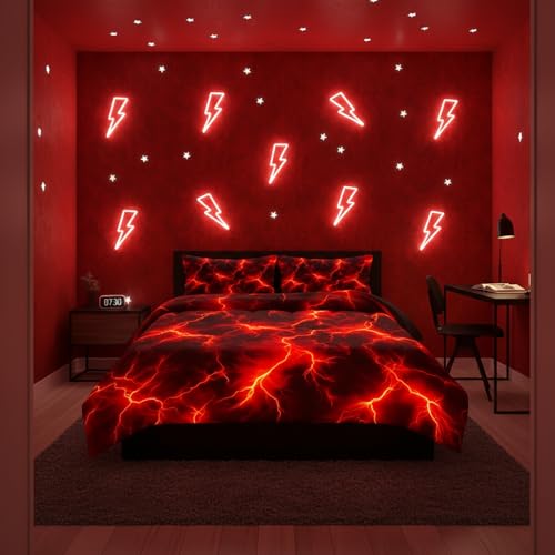 QOOMO 3Pcs Red Lighting Comforter Set King,Lighting Bedding Set for Teens Boys Girls,1 Comforter with 2 Pillowcases,Down Alternative,Soft and Lightweight