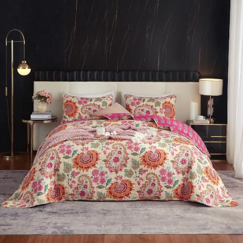 "YASMENG 100% Cotton Boho Quilt Set King Size Gorgeous Paisley Floral Patterned Quilt Bedspread 106""x98"" Bohemian Vibrant Exotic Ethnic Mandala Coverlet Bedding Set 3 Pieces for All Seasons"