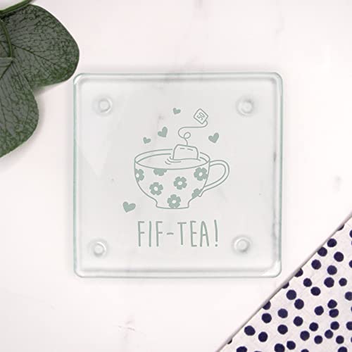 eBuyGB Engraved Square Glass Coaster -FIF-Tea Design - 50th Birthday Gifts for Women, Her - Fiftieth Birthday Gift for Mum, Friend, Sister, Grandma - Drinks Mat