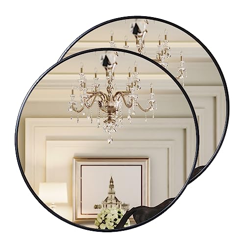 Growsun Black Round Mirror 24 inch, Wall Mounted Circle Mirror, Metal Framed Mirror for Bathroom Vanity, Bedroom Home Decor Mirros, 2 Pack