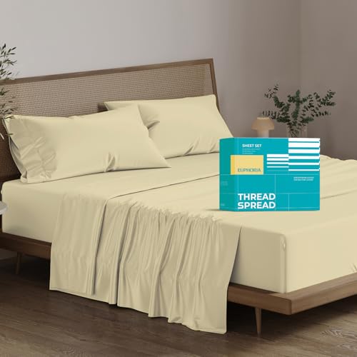 "THREAD SPREAD Pure 100% Egyptian Cotton Sheets Full Size - 800 Series Euphoria Collection Deep Pocket Full Size Sheets Set (4 PC, Sand), Silky Soft Cooling Hotel Sheets, Fits Mattress Upto 18"""