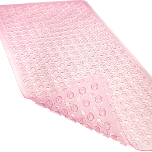 Linoows Non-Slip Bathtub and Shower Mats, Power Grip Bath Mat 35 x 16.3 Inch, Bath Mat with Suction Cups and Drain Holes for Tub Bathroom Safety, Machine Washable Soft Shower Floor Mat (Clear Pink)