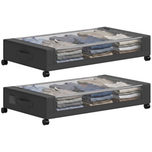HOMCOM 40L Under Bed Storage On Wheels Pack of 2, Under Bed Drawers, Black - Fabric Rolling Storage Box, with lear Lid, Zip, Steel Frame, Handles, 16cm Height, for Clothes, Blanket, Bedding, Shoes