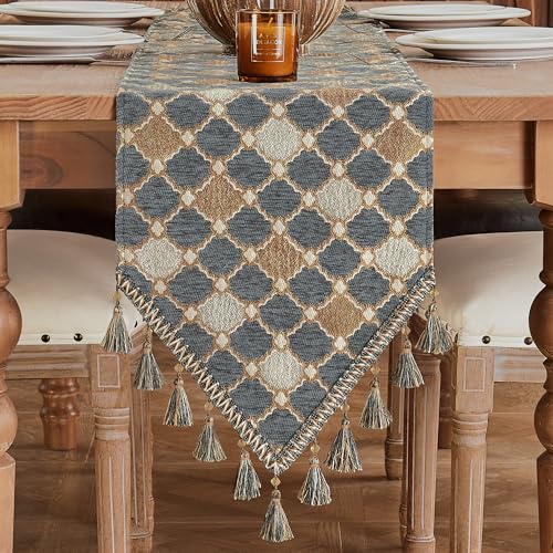 Loom and Mill Elegant Chenille Table Runner 108 inches Long, Chic Checkered Pattern Jacquard Table Runners with Tassels for Dining Room Dresser Party Banquet Decor (Blue-Grey+Khaki+Beige,13x108 inch)