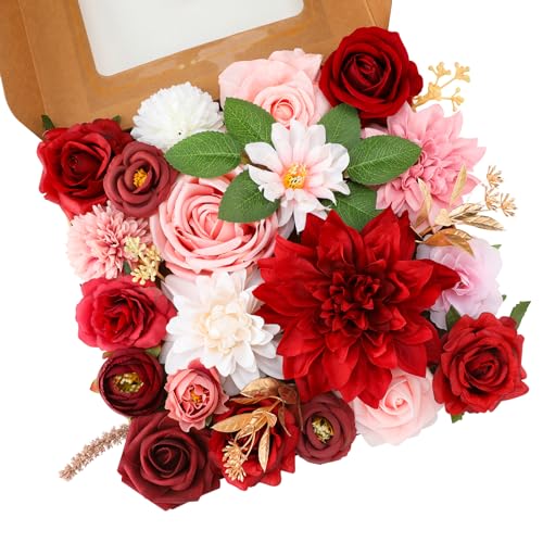 Floweroyal Artificial Flowers Combo Red Flowers Mix Silk Flowers Dahlia Roses with Stems for DIY Wedding Bridal Bouquets, Baby Shower, Floral Arrangement, Table Centerpieces, Home Decorations.