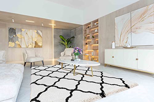 "Serdim Rugs Morrocan Berber Living Room Bold Trellis Design Shaggy Area Rugs, Stone, 160x230cm (5'3""x7'7"")"
