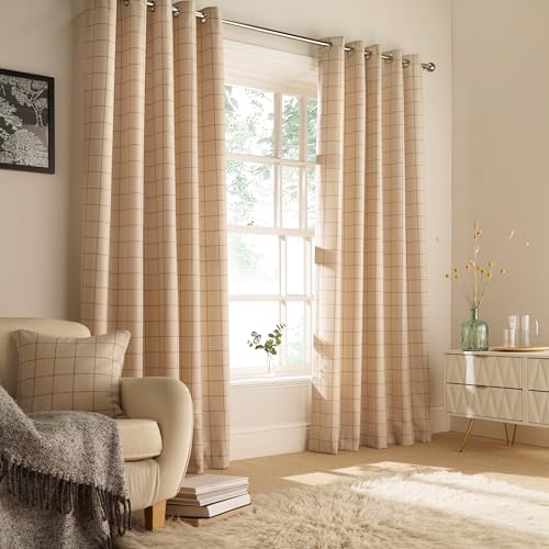 furn. Ellis Windowpane Check Eyelet Curtain Pair - Natural - 168x137cm