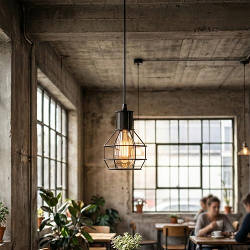 LEDSone Wire Cage Pendant Light with Bulb, Adjustable Hanging Cable 90cm, Black Metal Basket Ceiling Hanging Lamp E27, Industrial Lantern Style Light for Kitchen, Dining Room, Loft Indoor Use