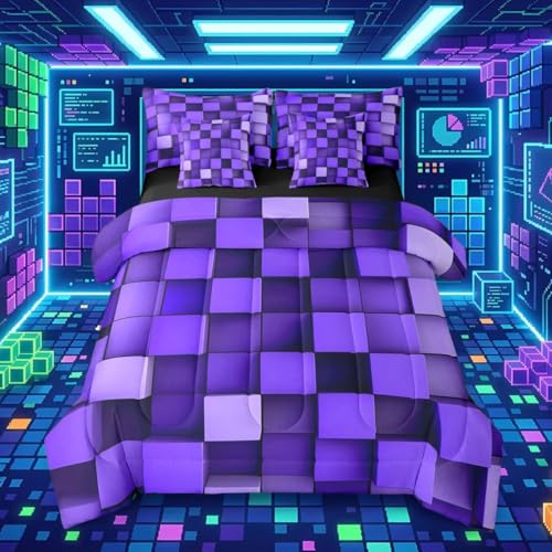 Pixelated Purple Black 7 Piece Bedding Set Twin Size,Geometric Check Video Games Bed in a Bag for Boys Girls,Gamepad Grid Comforter Set with Sheets,Pillowcases & Cushion Cover Microfiber Room Decor