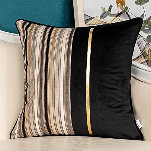 Yangest Black Striped Patchwork Velvet Cushion Cover, Gold Leather Cushion Cover, Modern Neutral Pillowcase for Sofa, Couch, Bedroom, Living Room, Home Decor, 50.8 x 50.8 cm
