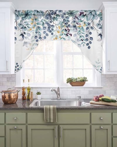 Blue Eucalyptus Leaves Swag Valances for Kitchen Window, Small Swag Curtains Valances for Bedroom Bathroom Over Sink Watercolor Summer Botanical Rod Pocket Window Treatment Drapes, 56x36 Inch