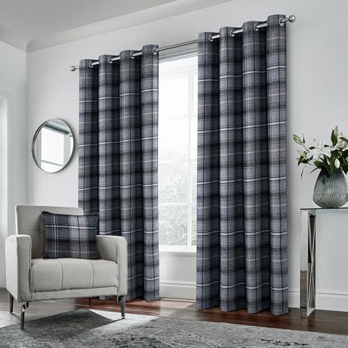 always4u Woolen Look Plaid Curtains Modern Window Panels Black Grey Check Tartan Curtains for Living Room Bedroom 2 Panels Black Grey 54 * 84 Inches