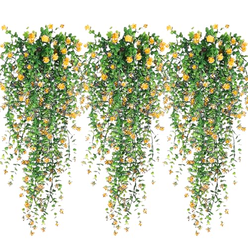Artificial Hanging Flowers, 3 Pcs Fake Hanging Plants, Artificial Vines for Outdoors, Fake Ivy Vine UV Resistant No Fade Faux Plants for Indoor Decoration Outside Garden Patio Yard Greenery Decor