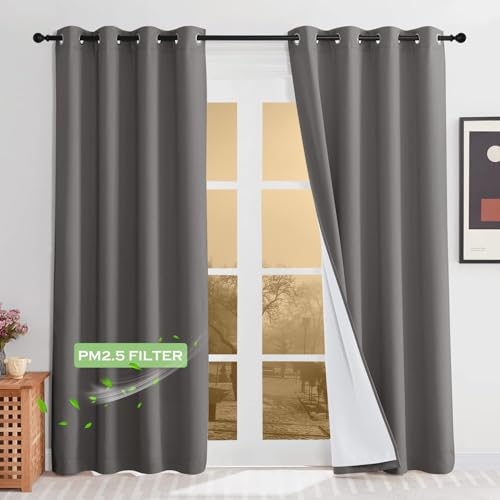 KGORGE Anti-Dust Soundproof 100% Blackout Curtains 100% Blackout 4 Layers - Anti-Dust, Heavy Duty Energy Efficiency Drapes for Living Room Baby Bedroom Home Office Studio, W52 x L95, Grey, 2 Panels