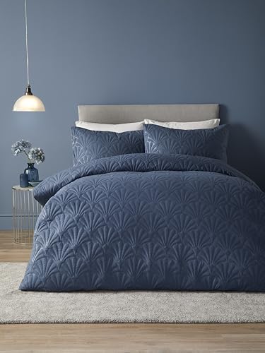 Serene - Dark Blue Floral Embroidery Duvet Cover - Double Bedding Size (200 x 200cm) - Luxury Bedding - Soft Touch - Pinsonic/Ultrasonic Pattern - Navy Blue Embossed Duvet - Cavili Collection