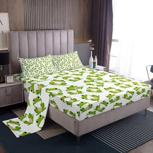Kids Frog Sheet Set Cute Green Frogs Bed Sheets for Boys Girls Children Wild Animal Decor Bed Sheet Set Kawaii Pattern Bedding Set Bedroom Bed Set with Deep Pocket Fitted Sheet 4Pcs Queen Size
