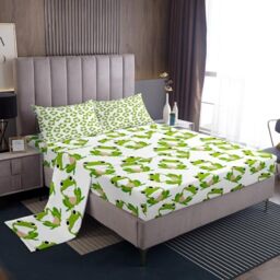 Kids Frog Sheet Set Cute Green Frogs Bed Sheets for Boys Girls Children Wild Animal Decor Bed Sheet Set Kawaii Pattern Bedding Set Bedroom Bed Set with Deep Pocket Fitted Sheet 4Pcs Queen Size