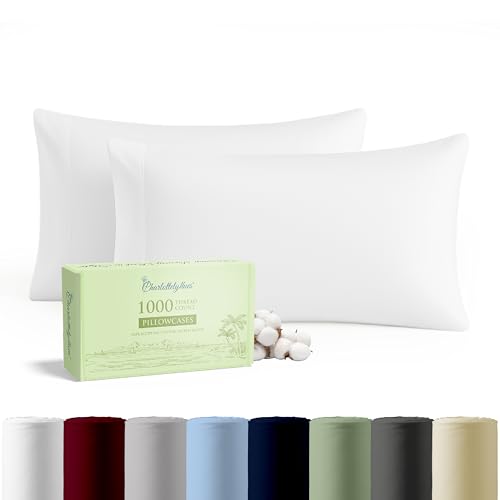CharlottelyHues 1000 Thread Count Pillow Cases 2 Piece - 100% Egyptian Cotton Luxurious Hotel Quality Long Staple Sateen Weave Soft, Cooling & Breathable Bed Pillow Covers - Standard/Queen (White).