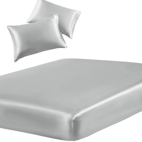SiinvdaBZX 3-Piece Set Satin Full Fitted Sheet & 2 Pillowcase, Silver Grey - Silky Soft Fitted Bottom Sheet, Deep Pocket Sheet Design Fits 15 Inch Mattress, Wrinkle Free, Fade Resistant