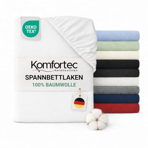 Komfortec Jersey Fitted Sheet 100% Cotton - 120 x 200 cm - 135 g/m² - Soft, Breathable & Skin-Friendly - With Elasticated Edging - Oeko-Tex Certified - For Box Spring, Toppers & Mattresses - White