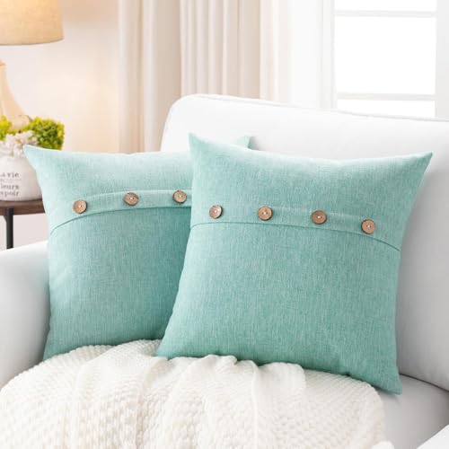 Meekio Set of 2 Aqua Square Pillow Covers 22 x 22 Summer Beach Pillow Covers with Coconut Buttons for Sofa Couch Living Room Bedroom Farmhouse D??cor for The Home