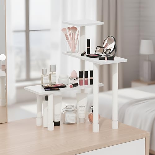 Furinno TURN-N-TUBE Corner Shelf, 3-Tier Countertop Corner Organizer, Organizers and Accessories, Adjustable Desk Shelf, for Small Spaces, Home Office, Bathroom, Plain White