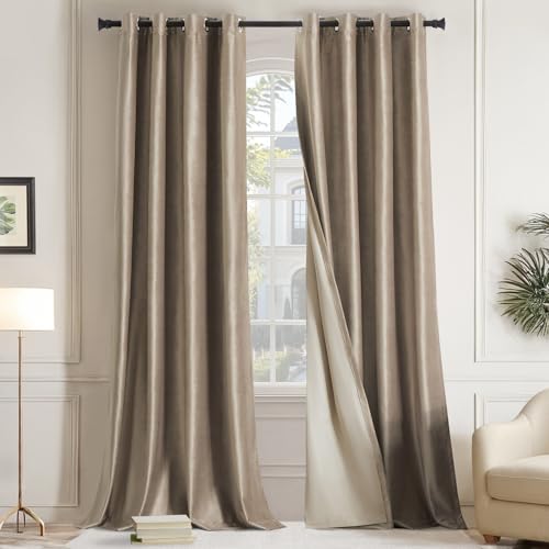 GIGIZAZA 100% Blackout Taupe Velvet Curtains 72 Inch Long 2 Panels for Living Room, Beige Thermal Window Drapes Lining Insulated Luxury Curtain for Darkening Bedroom