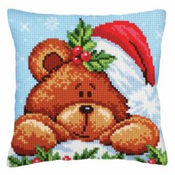 Collection d'Art 5240 Christmas with a Teddy Bear Cross Stitch Cushion, Cotton, Multi-Colour, 40 x 40 cm