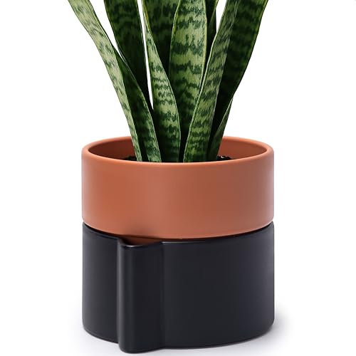6.5 Inch Self-Watering Planter Pot with Terracotta Insert, Deep Water Reservoir, and Ceramic-Alike BPA-Free Plastic Planter Pot for Plant, Modern Planter for Houseplants, Black/Terracotta, 53-B-S-5