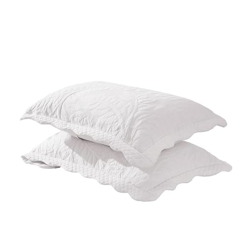 MarCielo 2 Pcs Farmhouse Cotton Quilted Pillow Shams (Standard, White) - 100% Cotton Comfort, Quilted Floral Texture, Durable Easy Care, Farmhouse Bedroom Decor for Adults, 2PCS