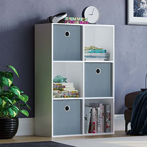 Vida Designs Durham Cube Bookcase Storage Organiser Living Room Bookshelf Home Office Furniture (6 Cube & 3 Grey Baskets, White)