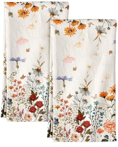 "Miss Adola Flour Sack Kitchen Towels Set of 2, Retro Flower - 18""x26"", Pure Cotton, Lint Free, Light Weight, Dry Quickly, Odor Resistance, Decorative, with Hanging Loop, Giftable"