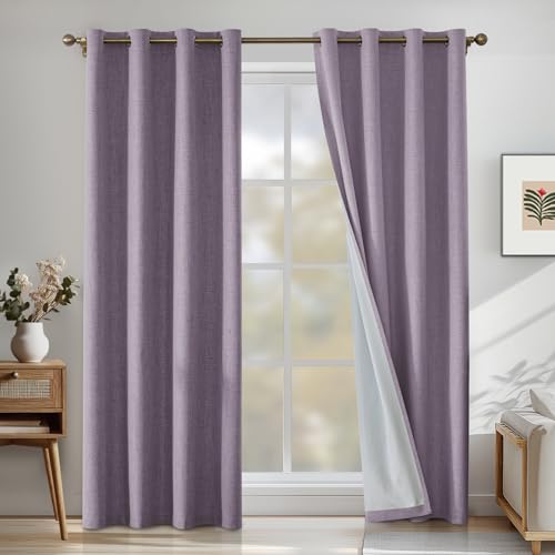 CYCMACO Linen 100% Blackout Curtains for Bedroom, Black Out Curtains 84 Inch Long, Room Darkening Curtains for Living Room, Long Curtain Grommets Drapes, Thermal Curtains(2 Panels, Purple)
