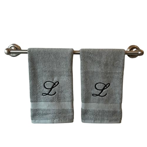 Decorvo Gray Monogrammed Hand Towels for Bathroom - Luxury Hotel Quality Personalized Initial Embroidered Towel for Powder Room, Spa - GOTS Organic Certified - Set of 2 Black Letter L