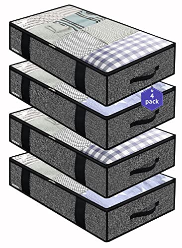 Onlyeasy 4 Pack Under Bed Clothes Storage Bags Organizer with Reinforced Handles and Zippers, Foldable Underbed Storage Container Bags for Blankets, Comforters, Bedding, Linen-like Black, MXAUBBP4