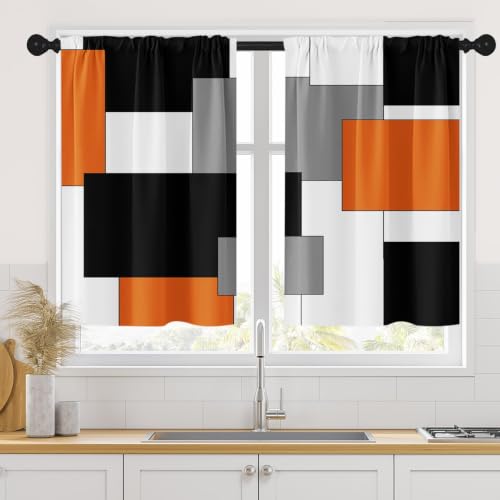 Tayney Orange Kitchen Curtains 36 Inch Length Black Grey White Window Short Tier Curtains Over Sink Set of 2, Modern Abstract Geometric Art Small Kitchen Decor 34x36 Inch