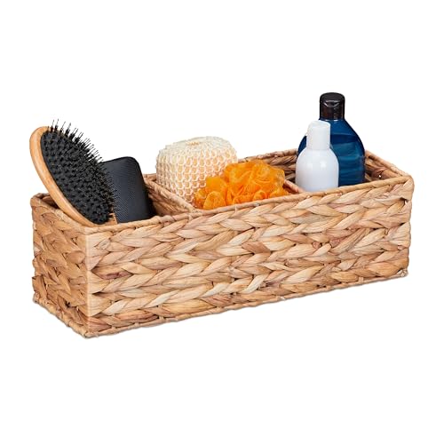 Relaxdays Storage Box, Water Hyacinth, 3 Compartments, Bathroom Storage, HxWxD: 13 x 42.5 x 15 cm, Basket, Natural
