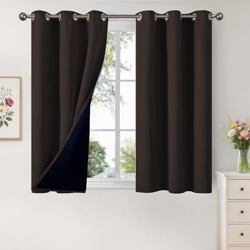 YoungsTex Short 100% Blackout Curtains 48 Inches Length for Window, Double Layer Full Light Blocking Thermal Insulated Bedroom Curtain Drapes with Liner, Brown, 2 Panels, 42 X 48 Inch